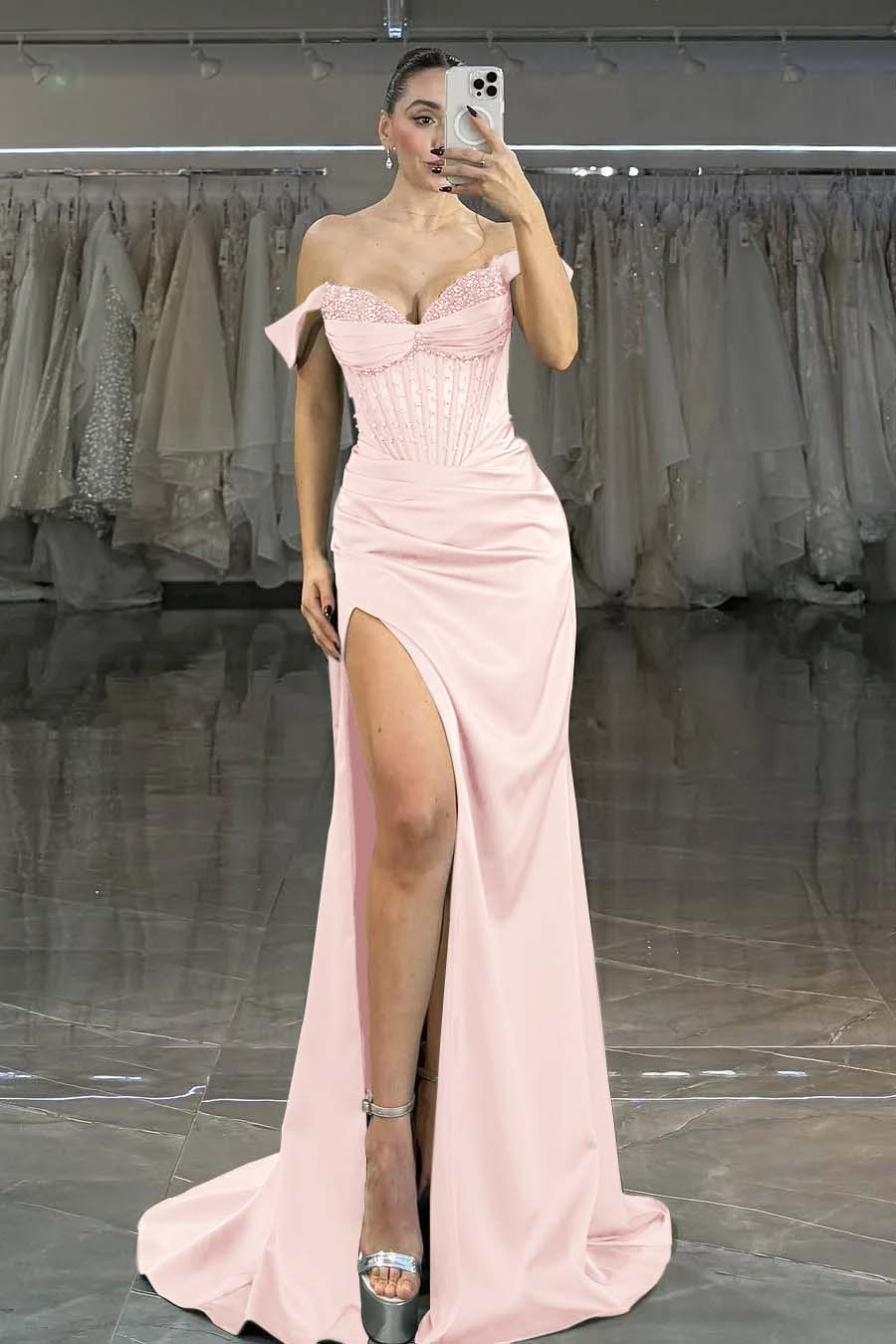 Charming Dark Green Satin Off the Shoulder Strapless Long Prom Dress with Beadings