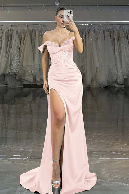 Charming Dark Green Satin Off the Shoulder Strapless Long Prom Dress with Beadings