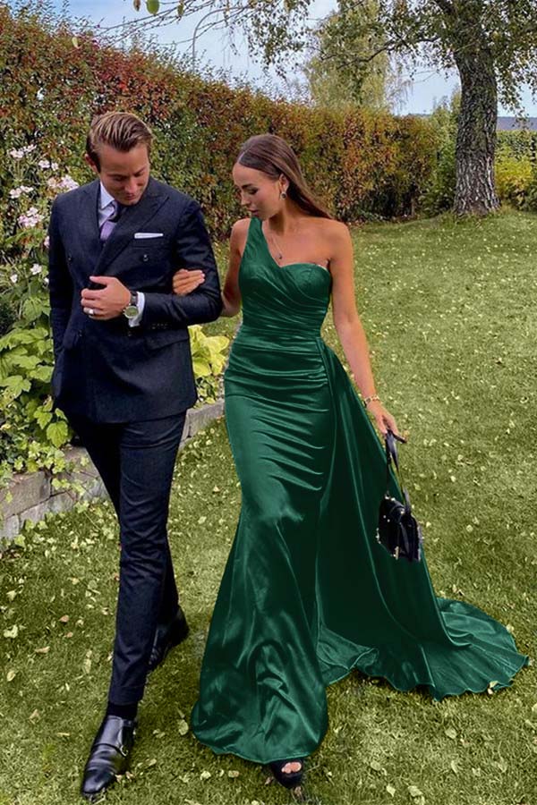 One Shoulder Green Prom Dress Long