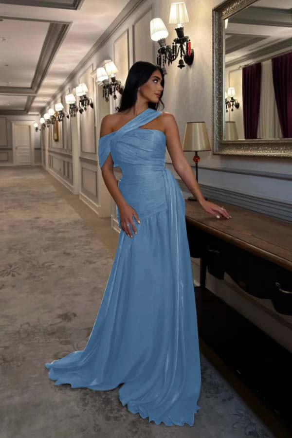 Sleeveless Square One Shoulder Prom Dress With Pleated