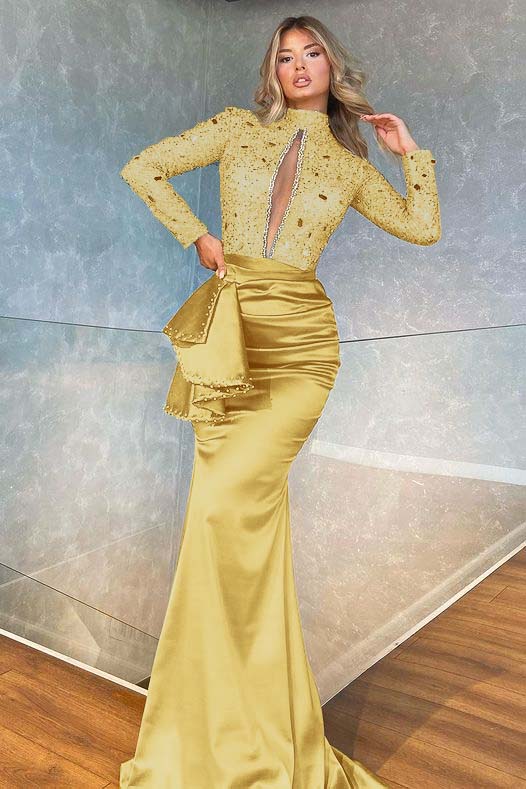 High Collar Long Sleeves Mermaid Prom Dress With Beadings
