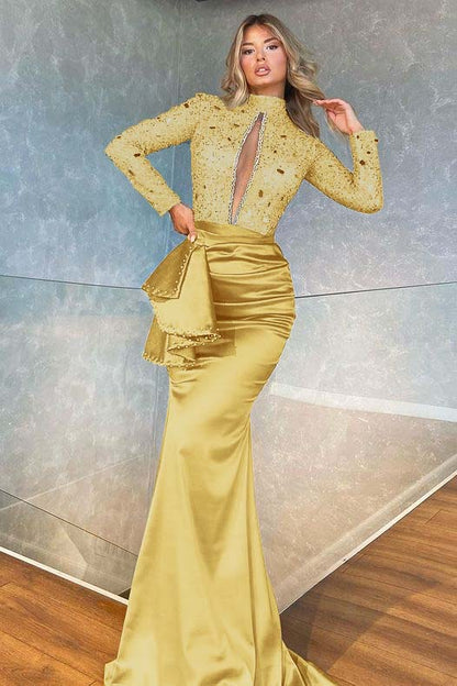 High Collar Long Sleeves Mermaid Prom Dress With Beadings