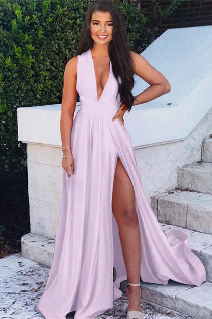 Sleeveless Fuchsia V Neck A-Line Prom Dress With Split