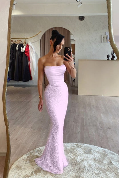 Pink Satin Sequins Spliced Strapless Mermaid Prom Dress