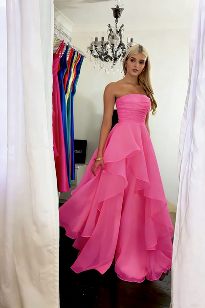 Classy Strapless Yellow Satin Tulle Slit Long Prom Dress Formal Birthday Party Dress D1141
