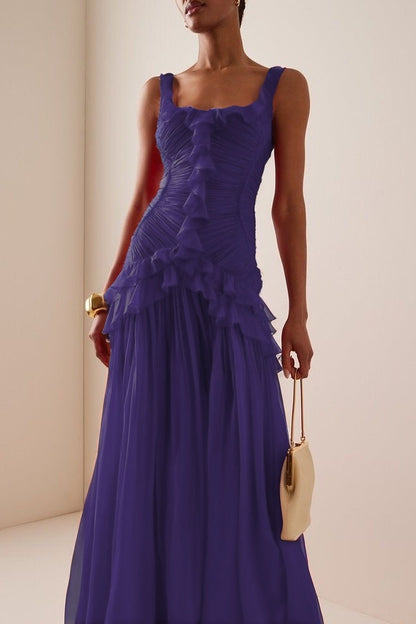 Elegant Ruffled Red Sleeveless Square Long Prom Dress With Pleated