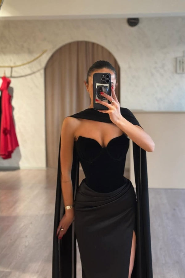 Black Strapless Long Prom Dress Sleeveless with Slit
