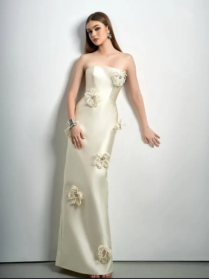 Elegant Ivory Strapless Evening Dress Column Floor Length in Satin with Flower