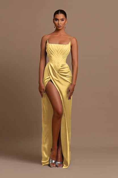 Elegant Dark Green Square Neck Slit Sleeveless Prom Dress With Pleats