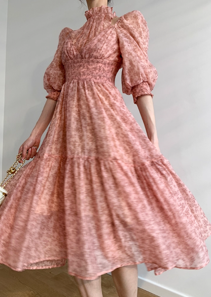 Pink A Line Puff Print Floral Chiffon Prom Dress Outfits SH4730