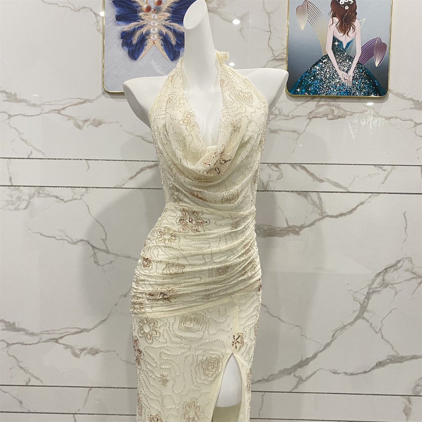 Elegant Off-White Halter Cowl Neck Split Backless Beaded Tulle Long Prom Dress Evening Dress P4706