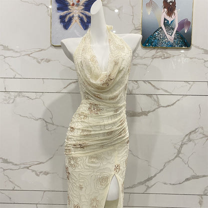 Elegant Off-White Halter Cowl Neck Split Backless Beaded Tulle Long Prom Dress Evening Dress P4706