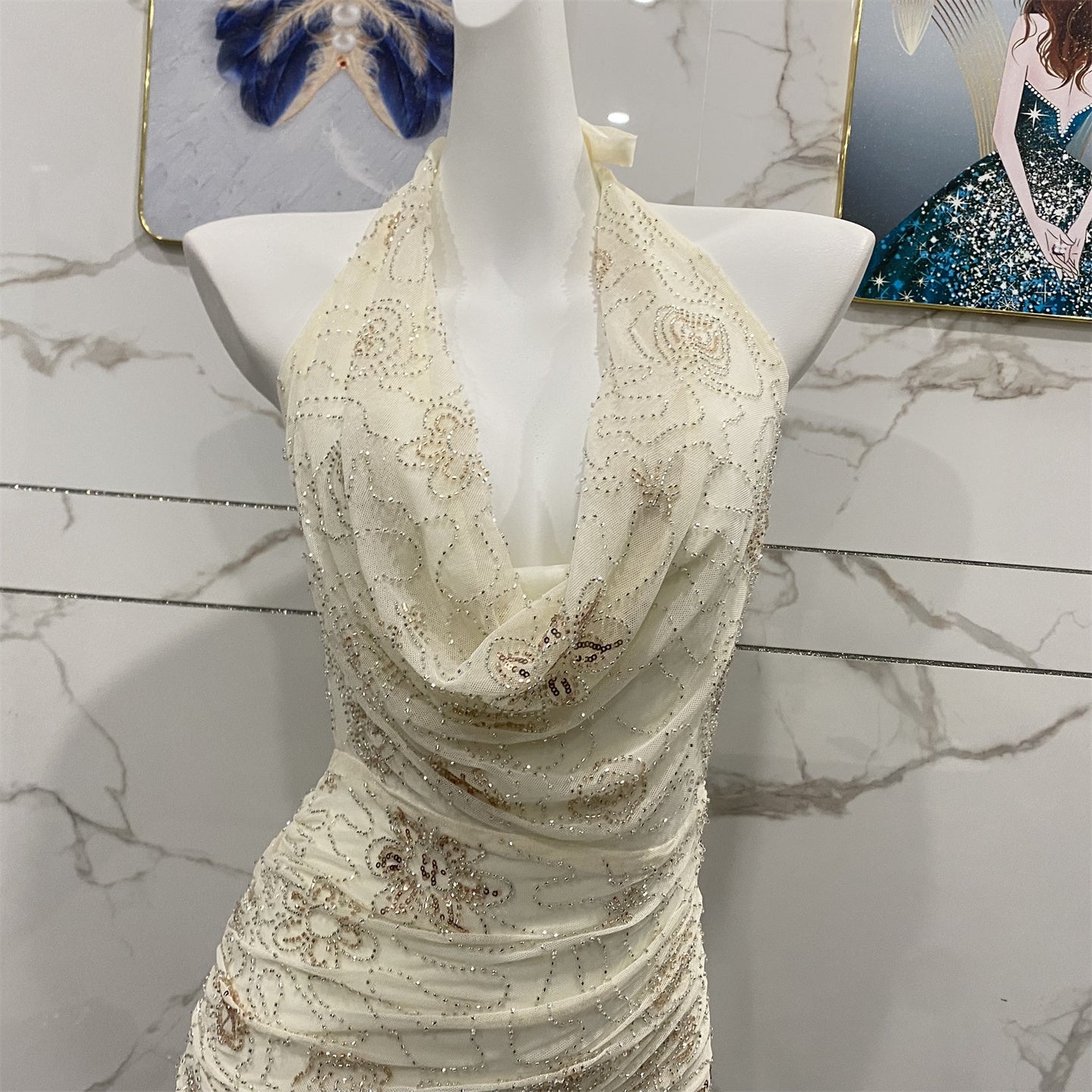 Elegant Off-White Halter Cowl Neck Split Backless Beaded Tulle Long Prom Dress Evening Dress P4706