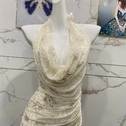 Elegant Off-White Halter Cowl Neck Split Backless Beaded Tulle Long Prom Dress Evening Dress P4706