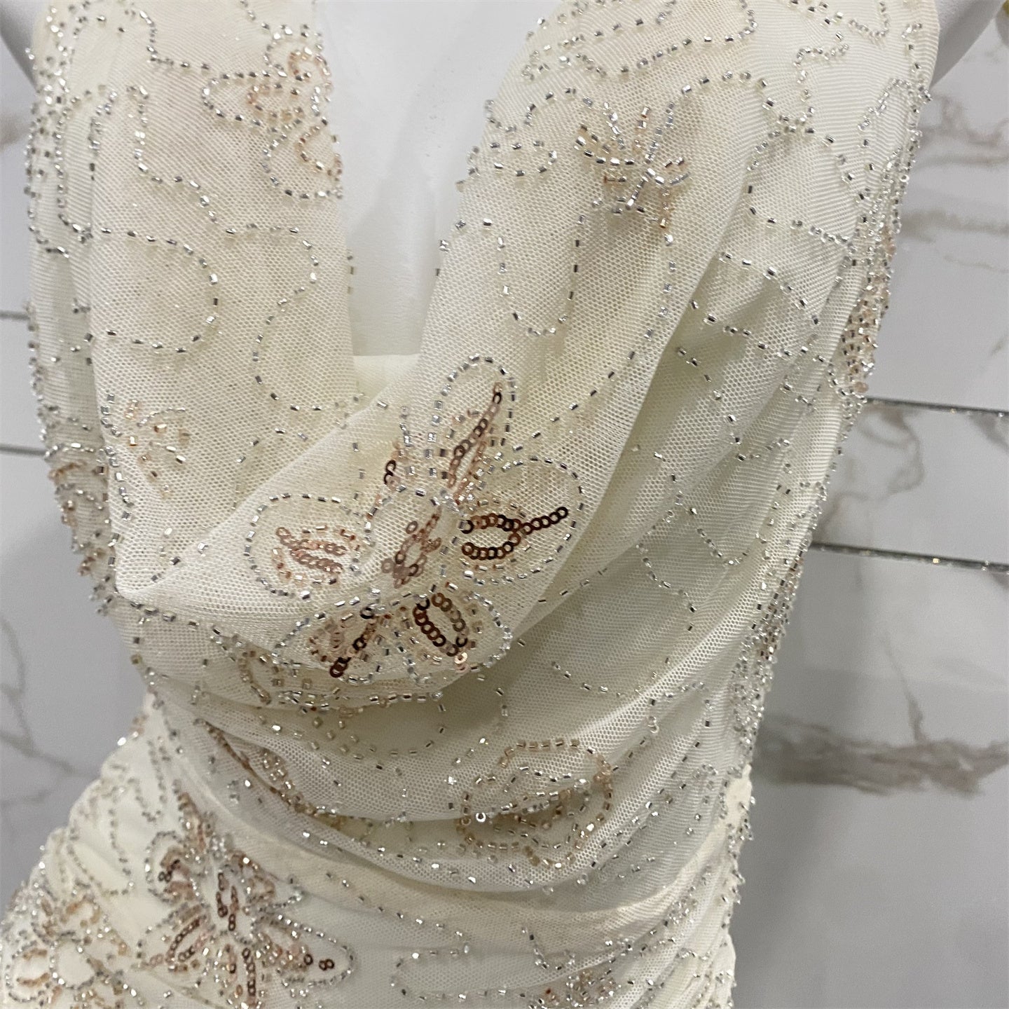 Elegant Off-White Halter Cowl Neck Split Backless Beaded Tulle Long Prom Dress Evening Dress P4706