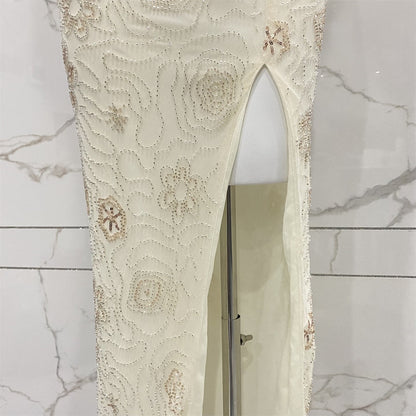 Elegant Off-White Halter Cowl Neck Split Backless Beaded Tulle Long Prom Dress Evening Dress P4706