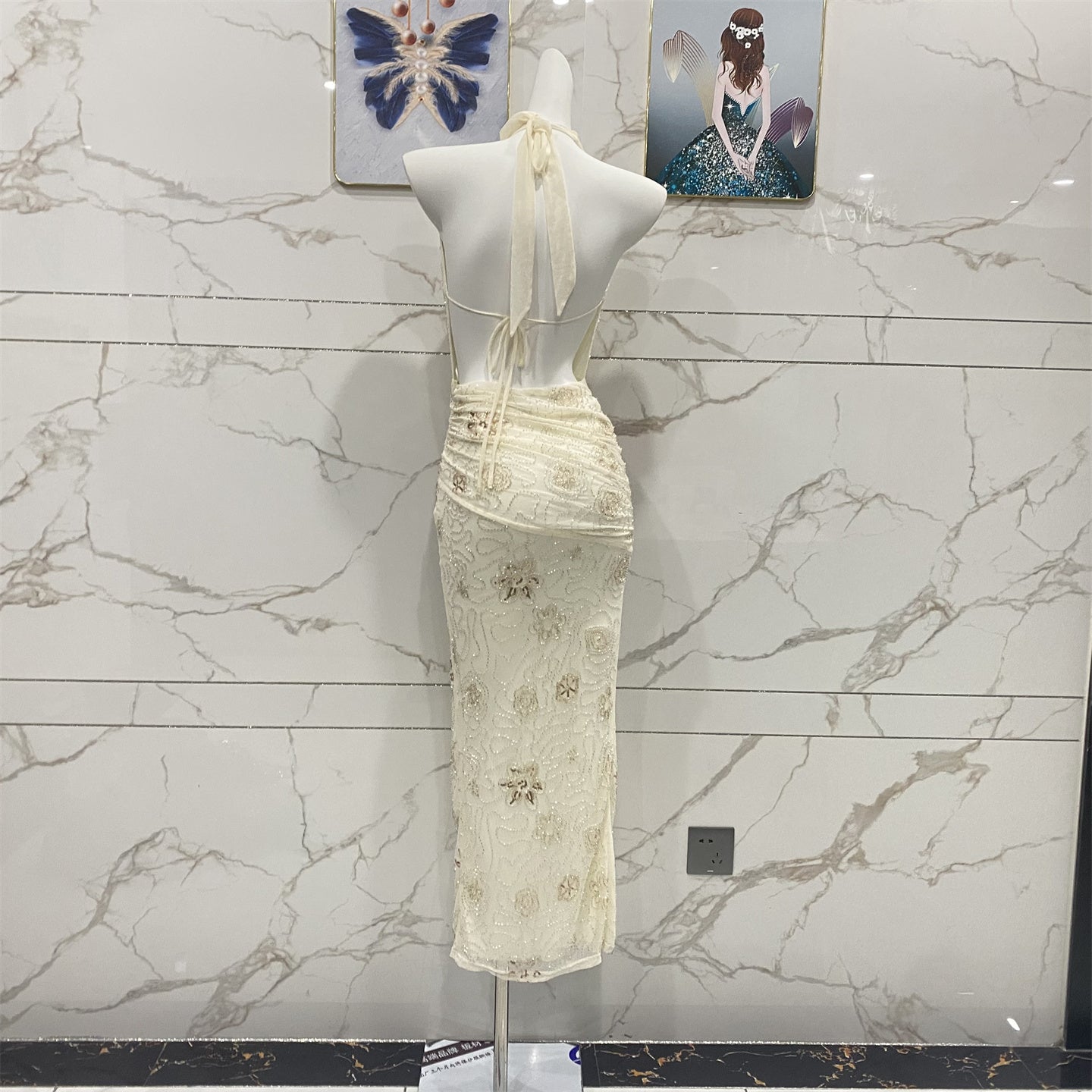 Elegant Off-White Halter Cowl Neck Split Backless Beaded Tulle Long Prom Dress Evening Dress P4706