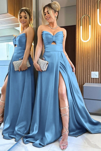 Elegant Satin Sweetheart Sleeveless Strapless Long Pleated Prom Dress with Split