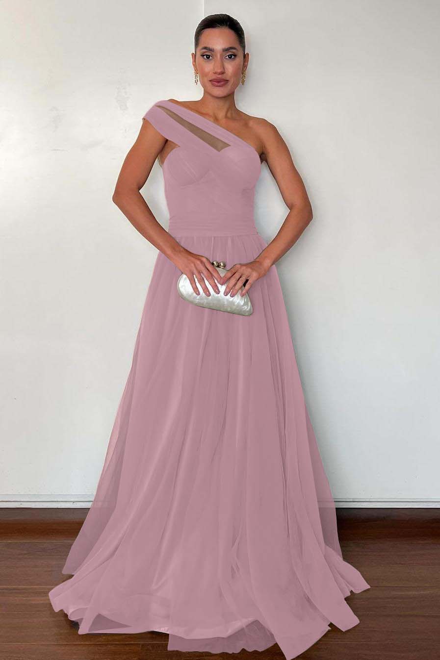 Stunning Green Tulle One Shoulder Sleeveless Long Prom Dress with Pleated