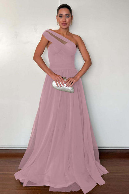 Stunning Green Tulle One Shoulder Sleeveless Long Prom Dress with Pleated