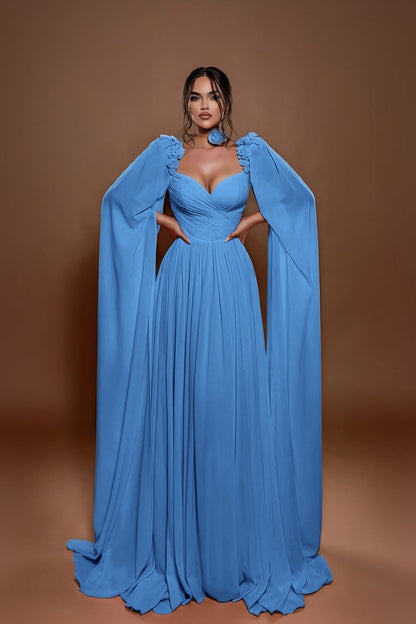 Chic A Line Sleeveless Long Pleated Prom Dress With Shoulder Cape