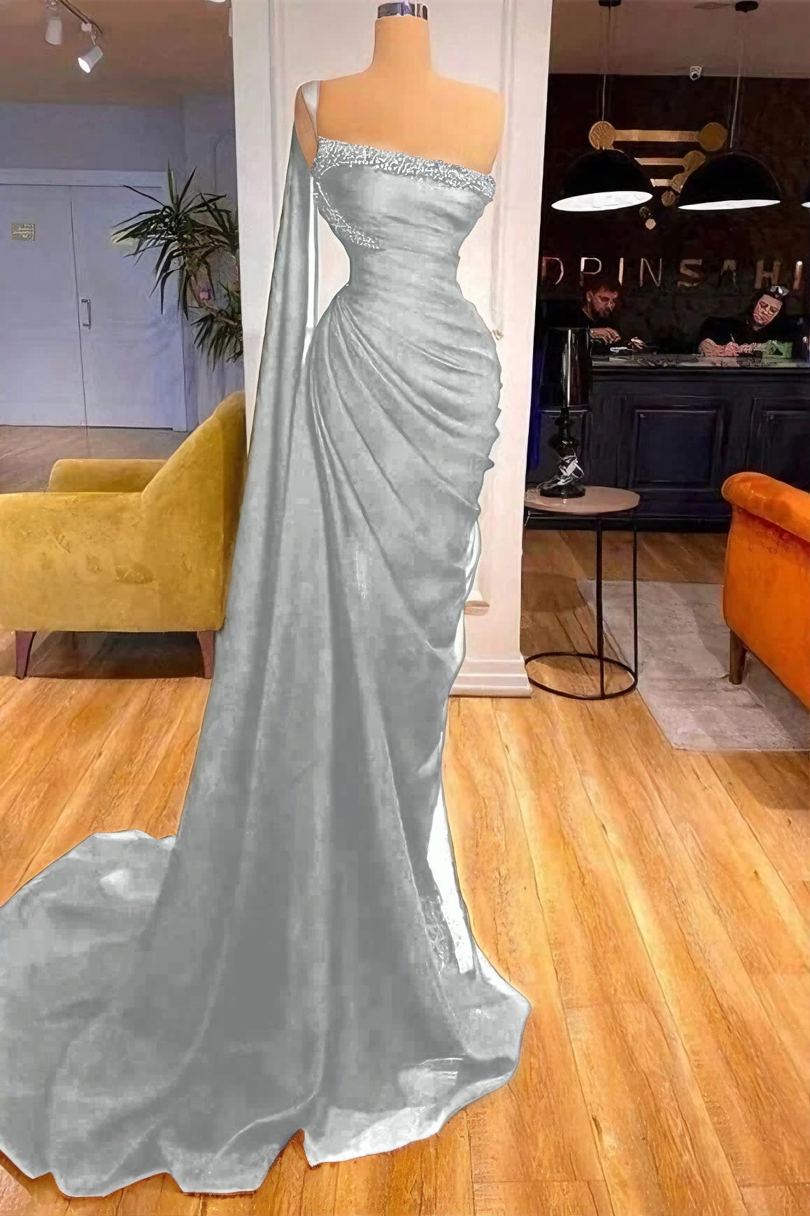 One Shoulder Mermaid Ideal Black Prom Dress With Beads