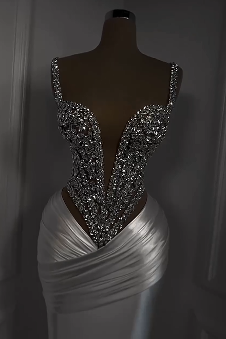 Charming White Satin Spaghetti Strap Sleeveless Pleated Prom Dress with Beadings