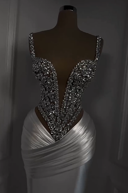 Charming White Satin Spaghetti Strap Sleeveless Pleated Prom Dress with Beadings