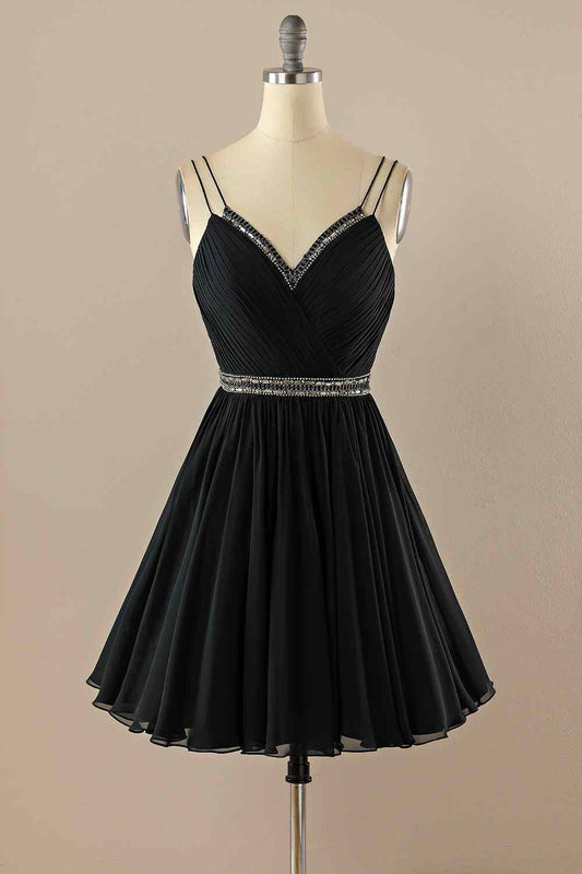 Black A-line Double Straps Pleated Beaded Chiffon Mini Homecoming Dress