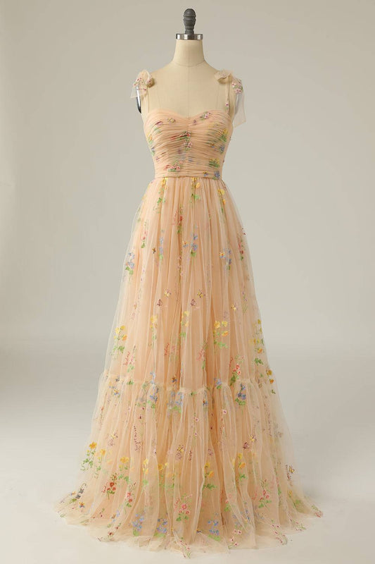 Tulle A-Line Sweetheart Straps Floral Party Prom Dress