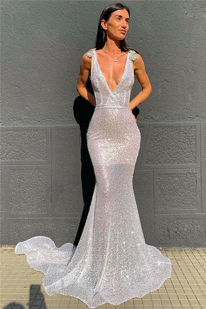 Deep V-Neck  Mermaid Prom Dress Open Back Sequins