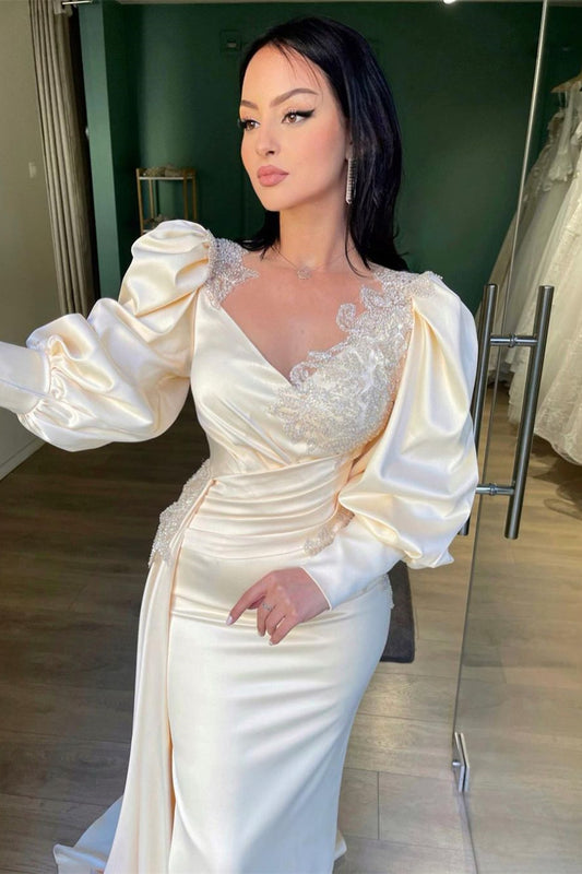 Long Puff Sleeves Mermaid Prom Dress With Appliques Ruffles