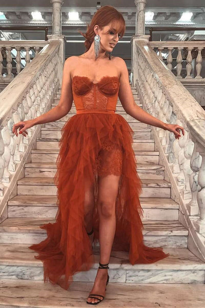 Charming Strapless Slit Tulle Long Prom Dress With Appliques