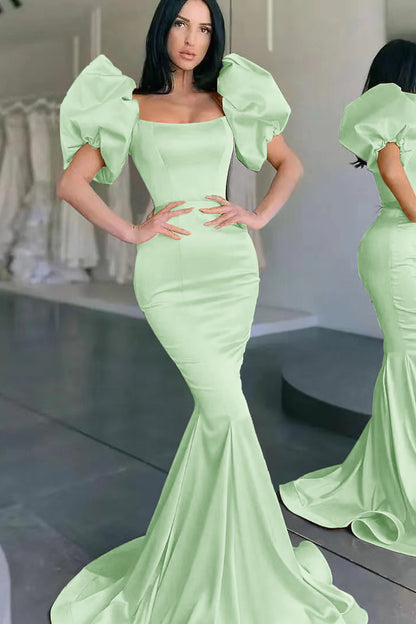 Yellow Square Bubble Sleeves Mermaid Long Prom Dress