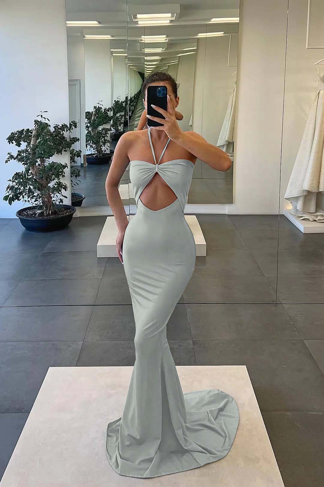 Blue Strapless Mermaid Evening Dress With Sleeveless Online Halter