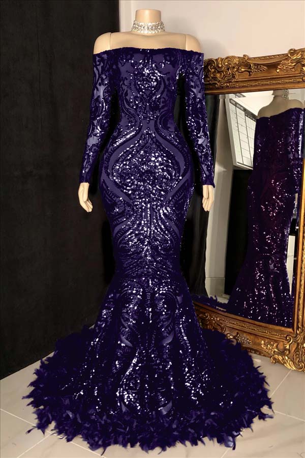 Long Sleeves Mermaid Prom Dress Sequins Burgundy With Feather