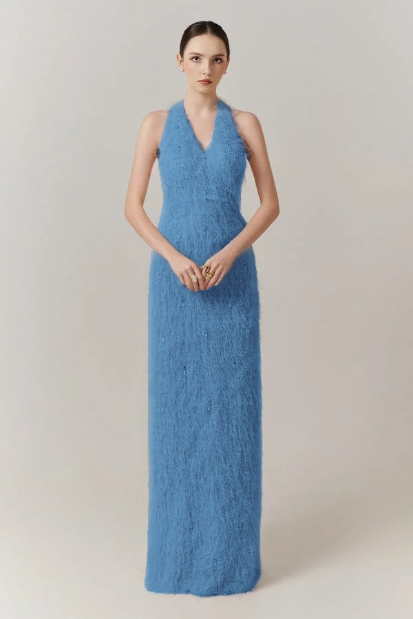 Sleeveless Halter Straps V-Neck Feathered Mermaid Evening Dress with Pearl Details