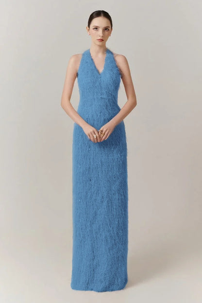 Sleeveless Halter Straps V-Neck Feathered Mermaid Evening Dress with Pearl Details
