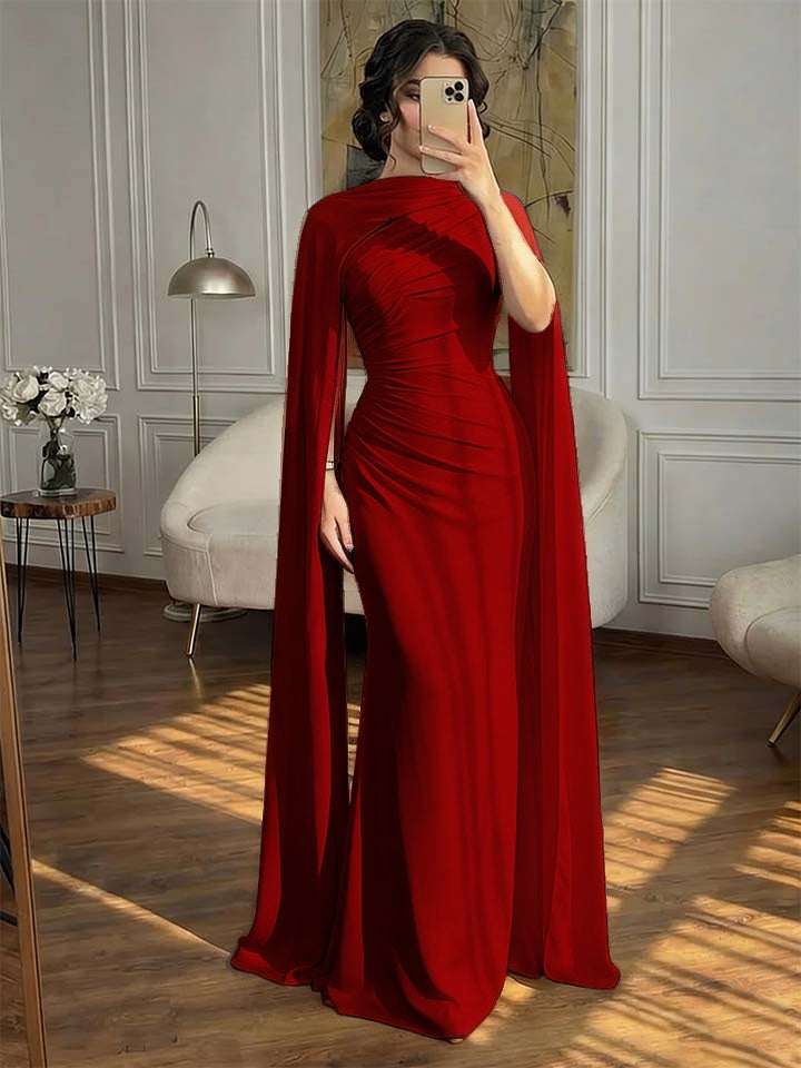 Fashionable Dark Navy Asymmetric Sleeveless Pleated Prom Dress With Scarf