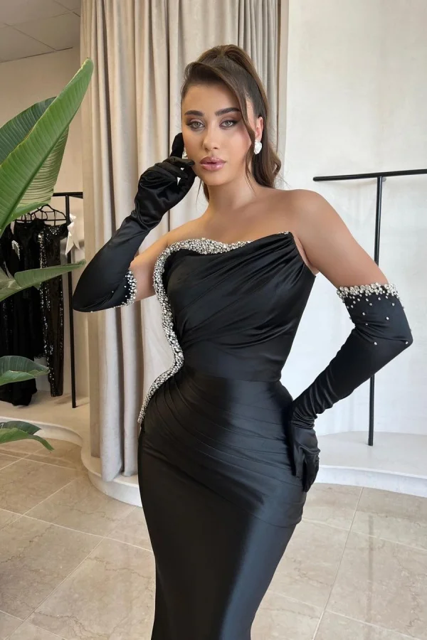 Black Strapless Beaded Mermaid Long Gloves Prom Dress