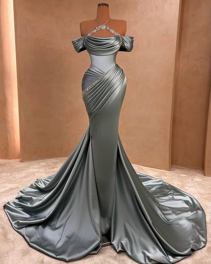 Off-Shoulders Sleeveless Halter Straps Beads Mermaid Prom Dress