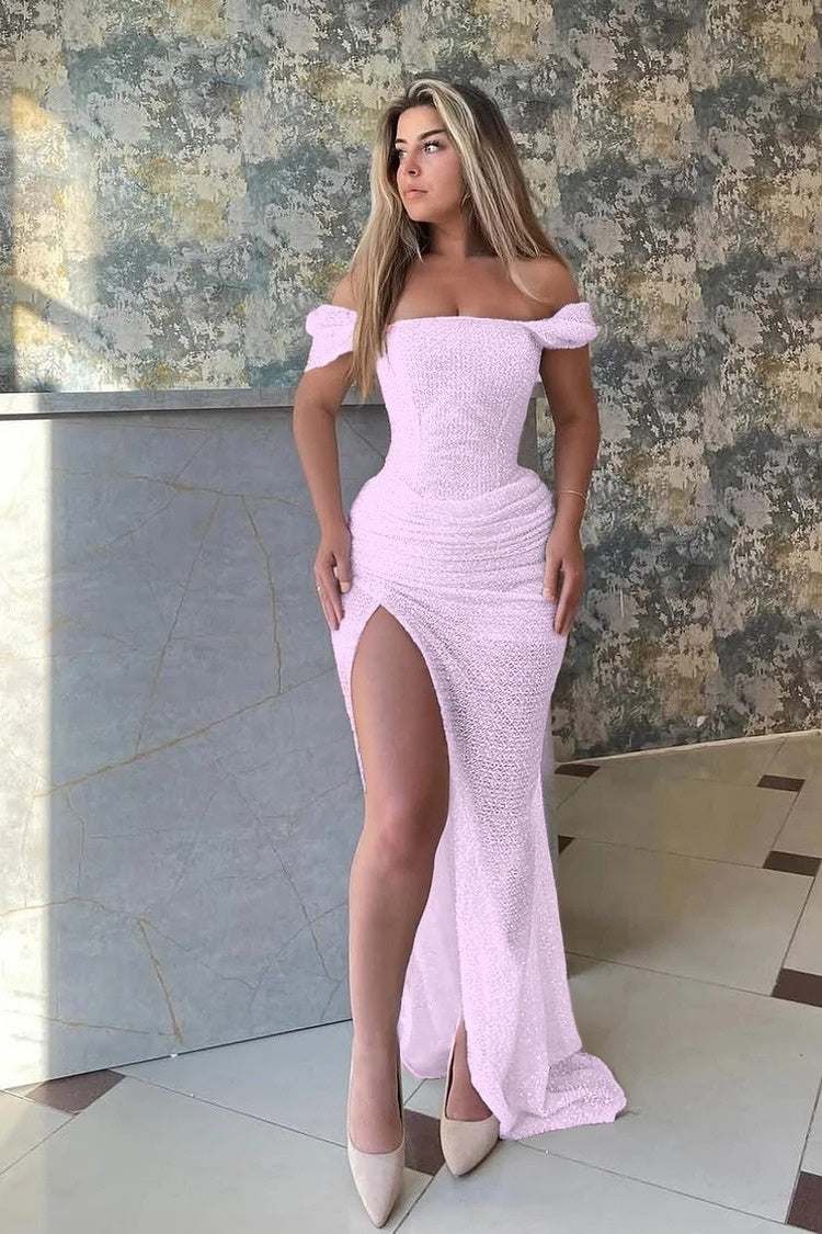 Sleeveless Square Off Shoulder Split Prom Dress With Sequins