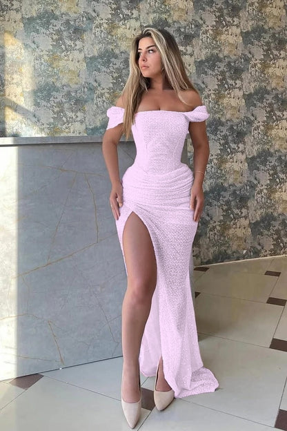 Sleeveless Square Off Shoulder Split Prom Dress With Sequins