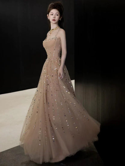 A Line Champagne Long Prom Dress Sexy Evening Dresses   fg7663
