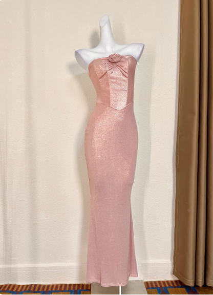 Sweet Pink Mermaid Strapless 3D Floral Applique Satin Long Prom Dress Evening Dress P4712