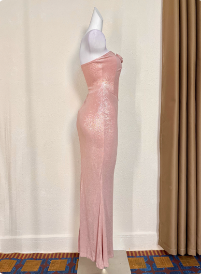 Sweet Pink Mermaid Strapless 3D Floral Applique Satin Long Prom Dress Evening Dress P4712