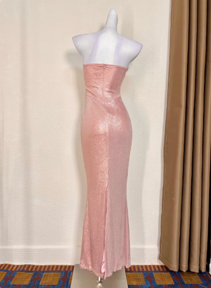 Sweet Pink Mermaid Strapless 3D Floral Applique Satin Long Prom Dress Evening Dress P4712