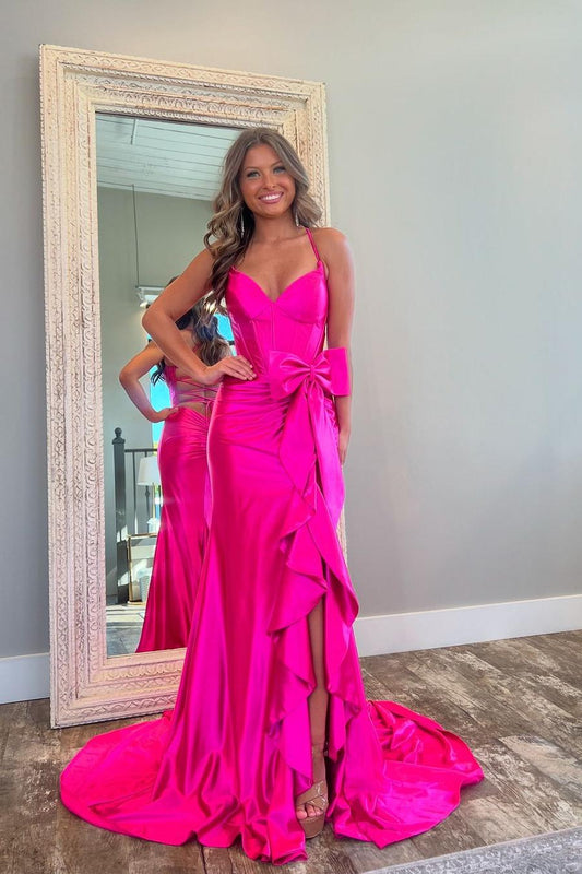 Glamorous Fuchsia Satin Spaghtti Strap Sleeveless Long Pleated Prom Dress with Bow