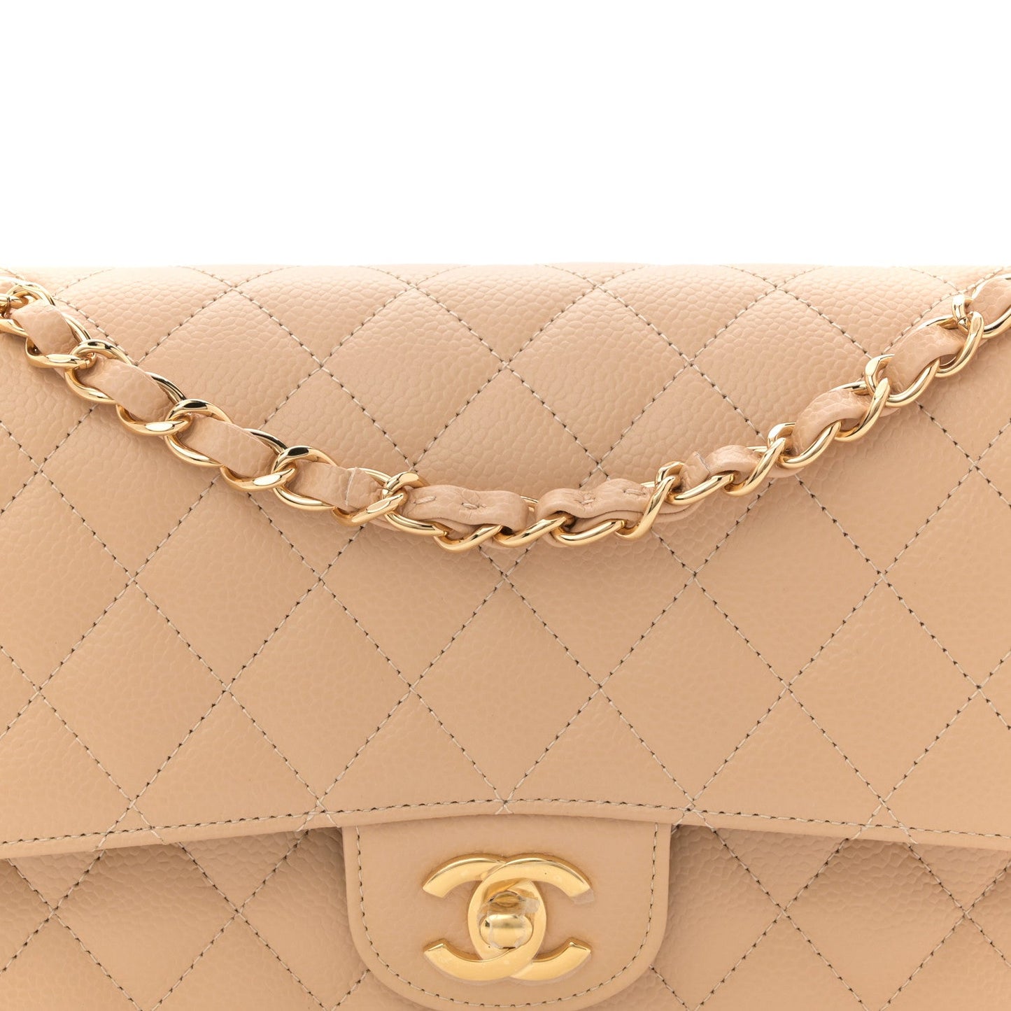 Caviar Quilted Medium Double Flap Beige