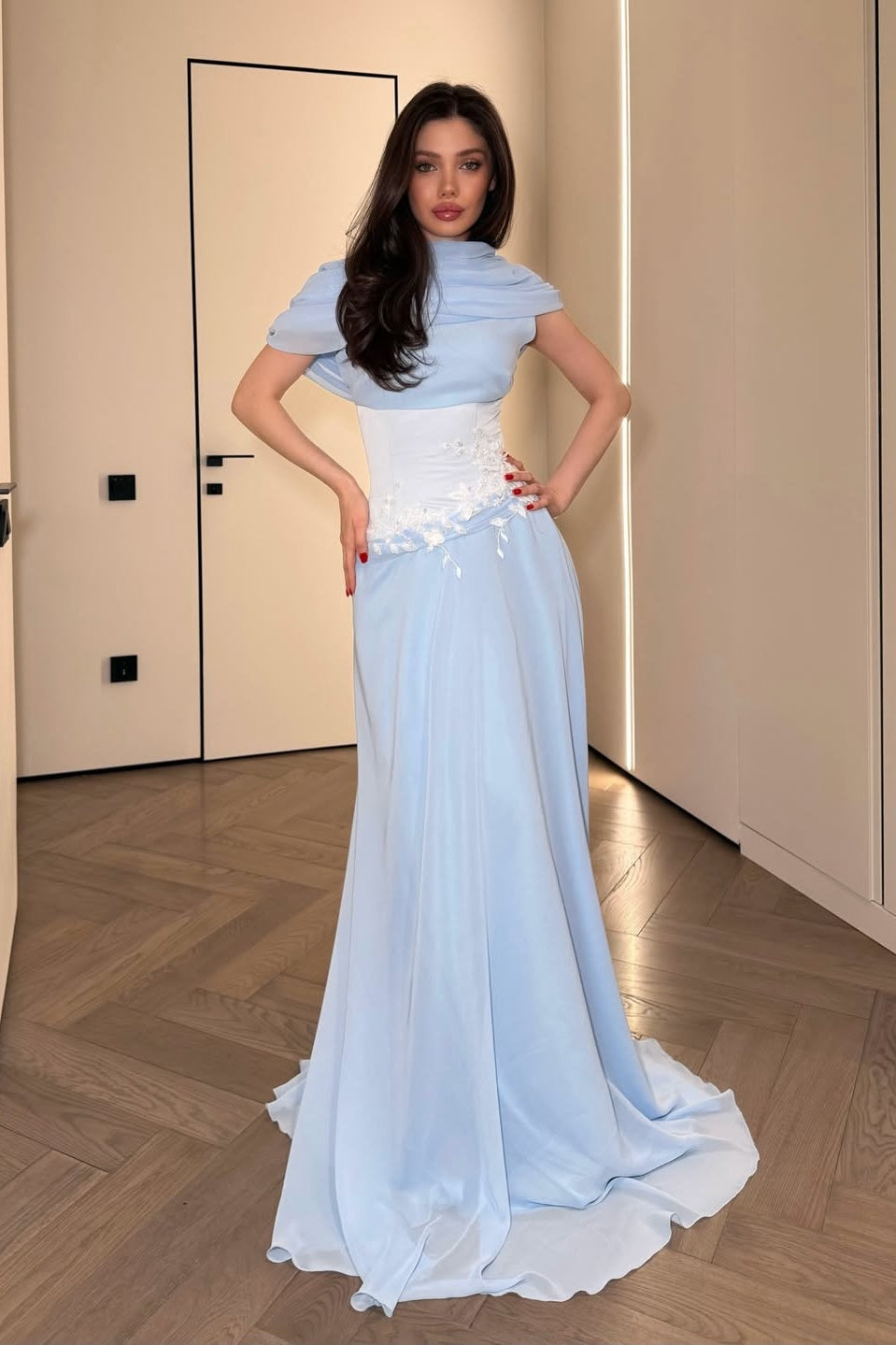 Stunning Chiffon Pleated Embroidery Evening Dress with Draped Shawl Neck